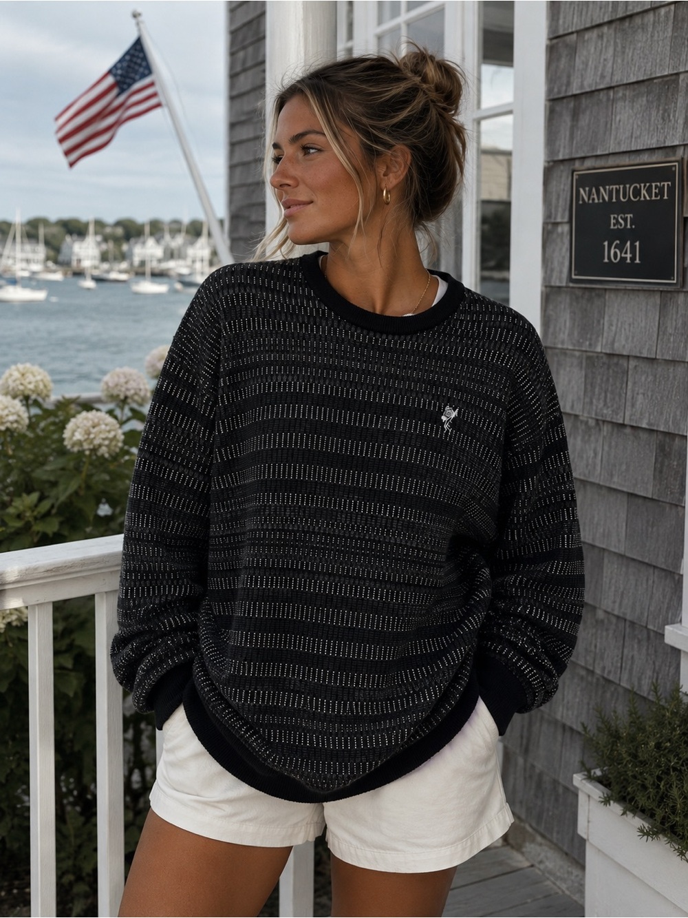 Vintage Ashworth Cotton Wool Oversized Golf Sweater Quiet Luxury M Black & Cream
